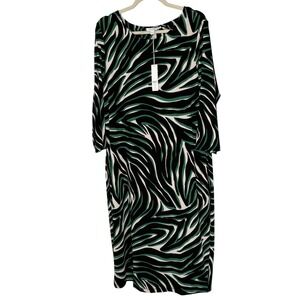 Chicos Travelers Classic Zebra Dress Green Black White 3/4 Sleeve Midi Size 3 XL